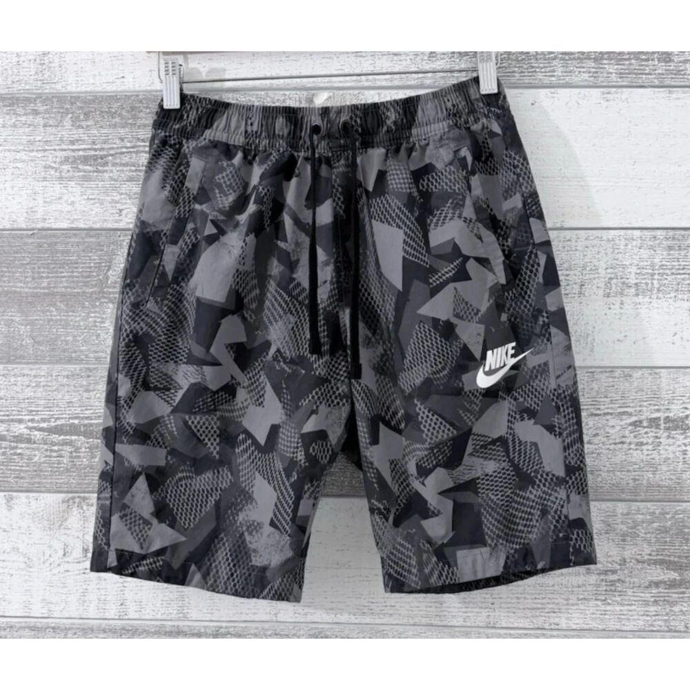 Nike Board Shorts Men's Medium Gray Black Pattern Swim Trunks 9.5" Inseam